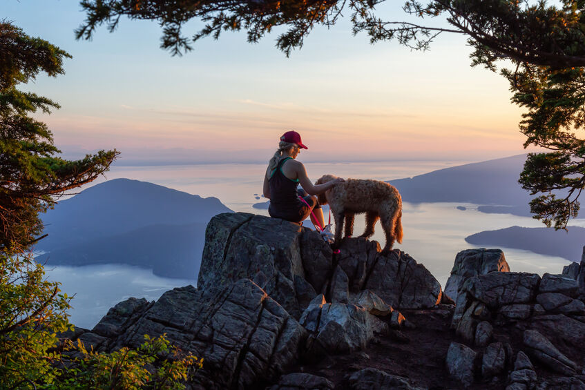 Woman sitting on mountain peak with her dog